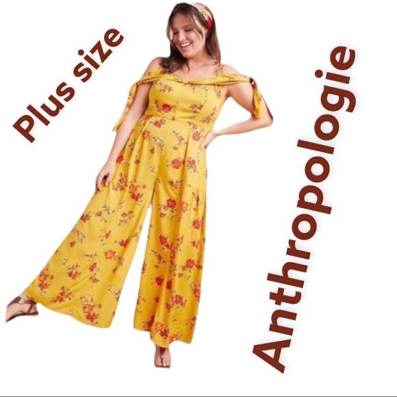 Anthropologie Londonderry Yellow Floral  Print Plus Size Boho Jumpsuit New - Picture 1 of 14